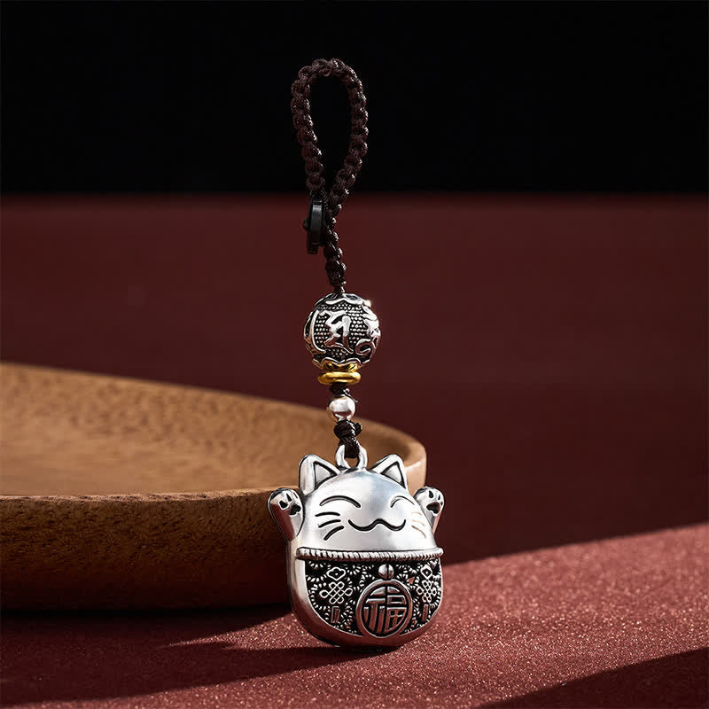 Buddha Stones Porte-clés tressés en cuivre gravé représentant un chat porte-bonheur Fu - image 1