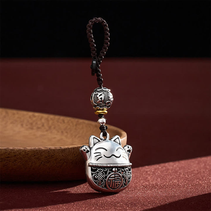 Buddha Stones Porte-clés tressés en cuivre gravé représentant un chat porte-bonheur Fu - image 1