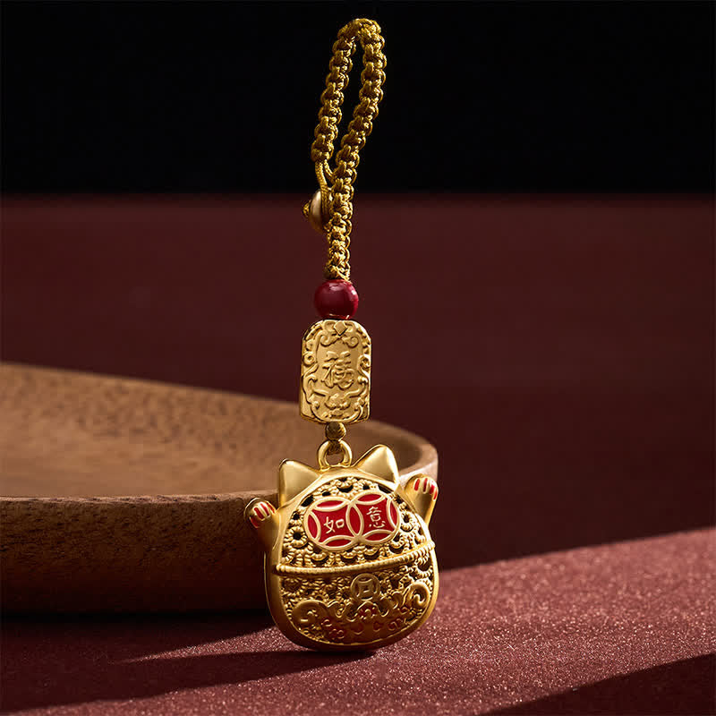 Buddha Stones Porte-clés tressés en cuivre gravé représentant un chat porte-bonheur Fu - image 11