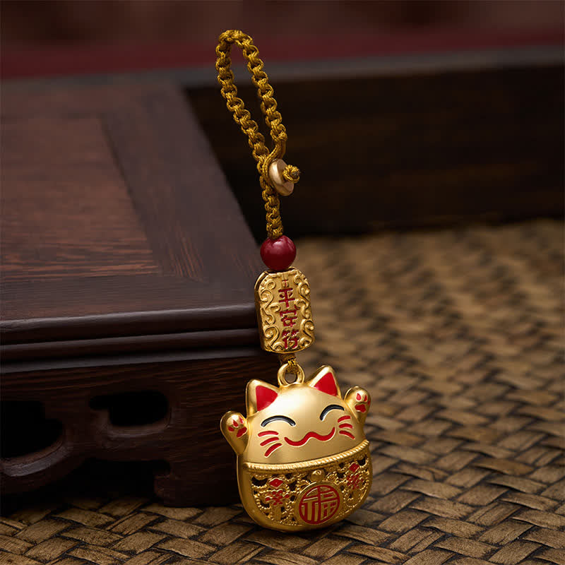 Buddha Stones Porte-clés tressés en cuivre gravé représentant un chat porte-bonheur Fu - image 12