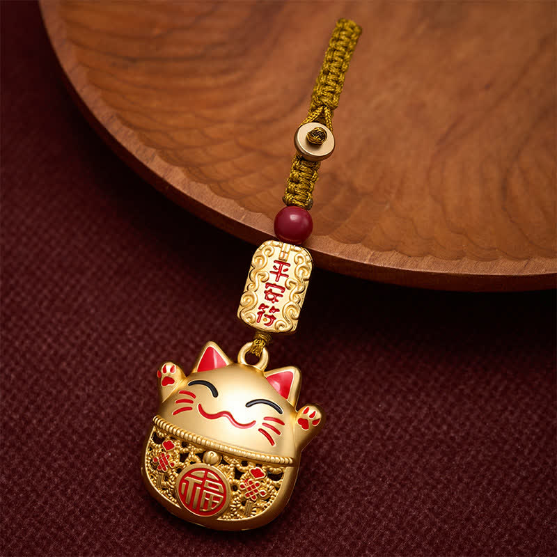 Buddha Stones Porte-clés tressés en cuivre gravé représentant un chat porte-bonheur Fu - Chat porte-bonheur doré - image 9