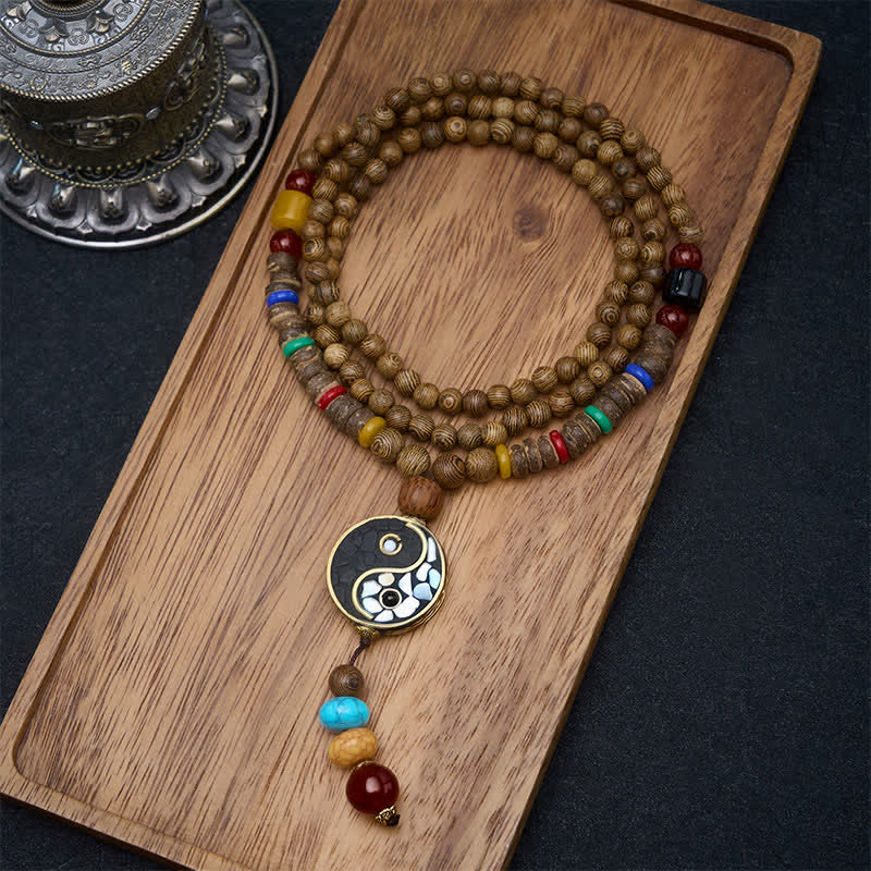 Buddha Stones Collier de perles en bois de wengé Yin Yang pour l'équilibre et l'ancrage - Yin Yang (Équilibre ♥ Harmonie) - image 0