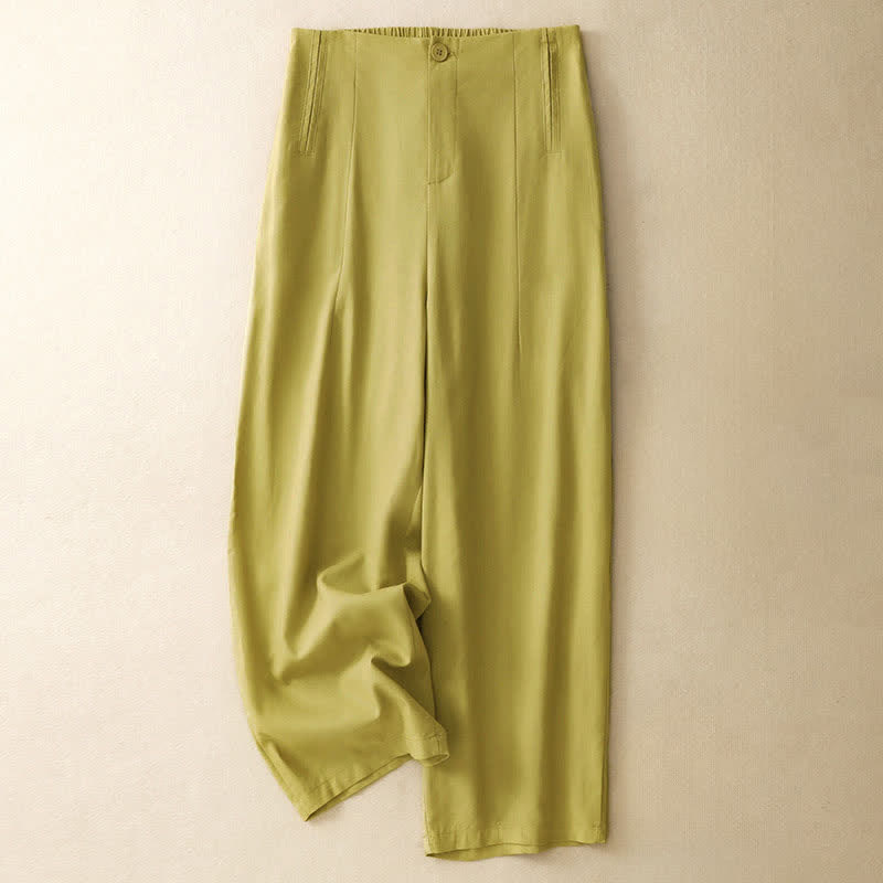 Buddha Stones Pantalon harem minimaliste d'été en lin uni, taille haute, boutonné, avec poches - kaki - US12，UK/AU16，EU44 (3XL) - image 0