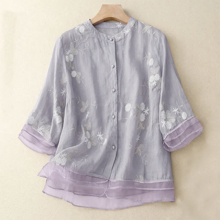 Chemise à manches courtes et col rond pour femme, ornée de pétales brodés et de Buddha Stones - Lavande - US8-10，UK/AU12-14，EU40-42 (2XL) - image 0