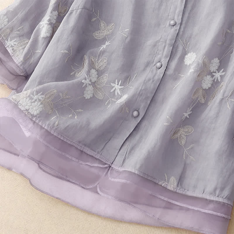 Chemise à manches courtes et col rond pour femme, ornée de pétales brodés et de Buddha Stones - image 2