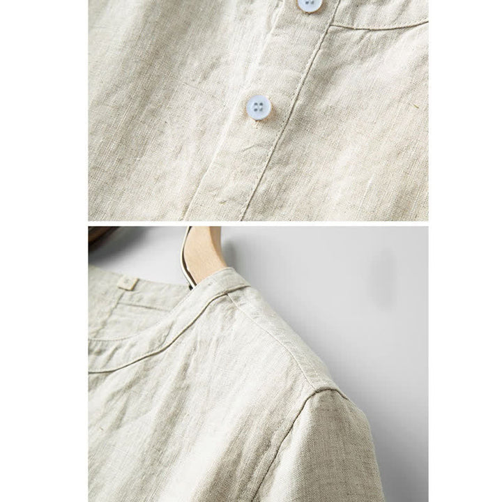 Chemise d'été en coton et lin à manches courtes et boutons de couleur unie pour hommes Buddha Stones - image 2