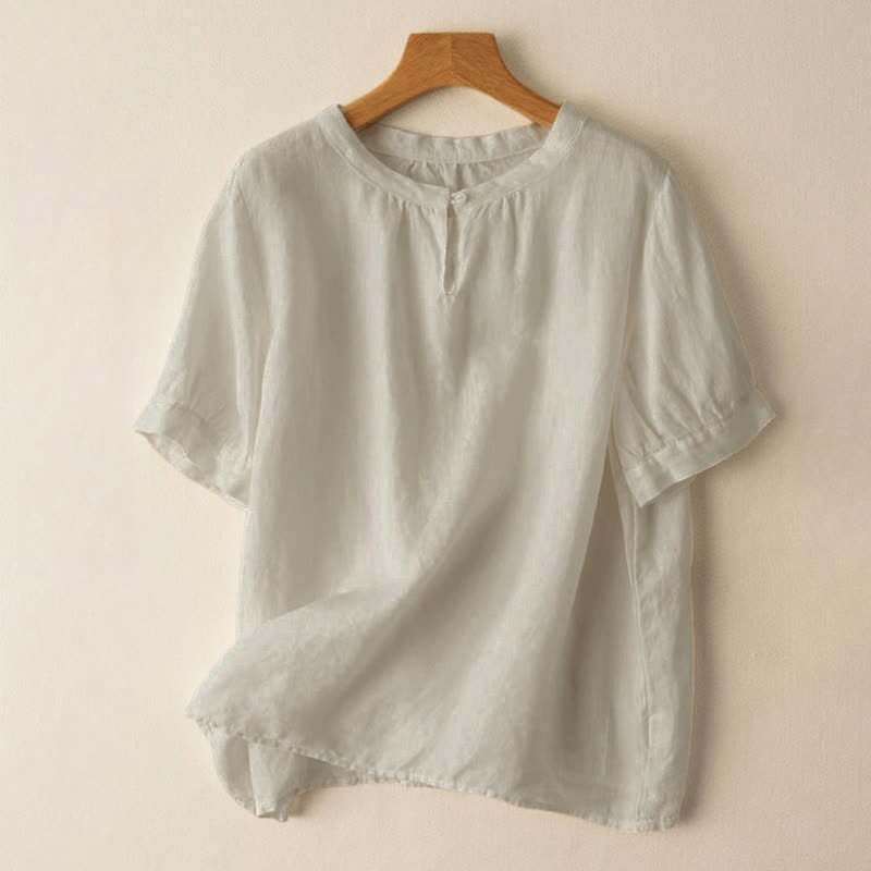 Chemise en lin décontractée pour femme, col rond uni, manches courtes, à boutons, motif Buddha Stones - Beige - US8-10，UK/AU12-14，EU40-42 (2XL) - image 0