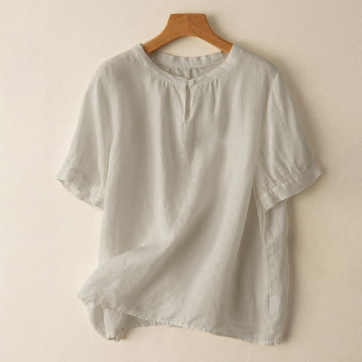 Chemise en lin décontractée pour femme, col rond uni, manches courtes, à boutons, motif Buddha Stones - Beige - US8-10，UK/AU12-14，EU40-42 (2XL) - image 0