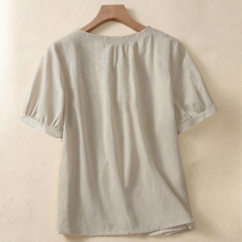 Chemise en lin décontractée pour femme, col rond uni, manches courtes, à boutons, motif Buddha Stones - image 1