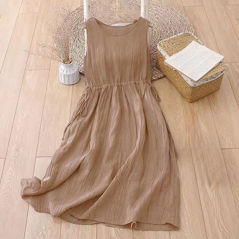 Robe midi sans manches à taille élastiquée et cordon de serrage, ornée de Buddha Stones et confectionnée à la main. - image 1