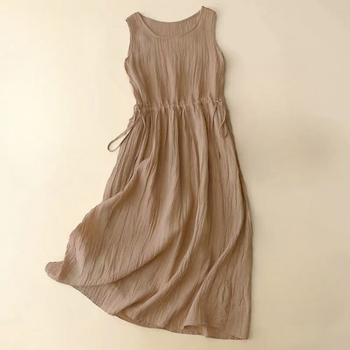 Robe midi sans manches à taille élastiquée et cordon de serrage, ornée de Buddha Stones et confectionnée à la main. - BurlyWood - US8-10，UK/AU12-14，EU40-42 (2XL) - image 0