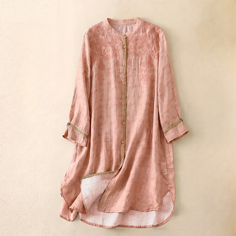 Robe midi d'été décontractée à manches trois-quarts, ornée de broderies et de Buddha Stones, col montant. - Rose - US8-10，UK/AU12-14，EU40-42 (2XL) - image 22