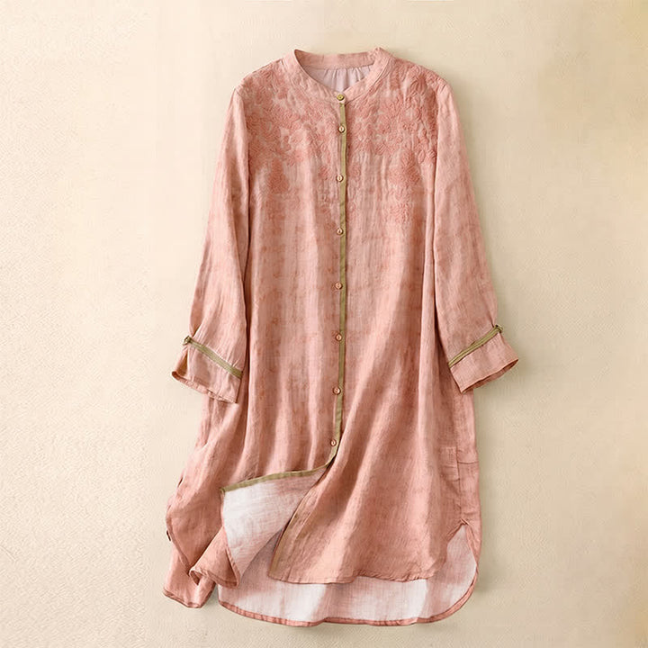 Robe midi d'été décontractée à manches trois-quarts, ornée de broderies et de Buddha Stones, col montant. - Rose - US8-10，UK/AU12-14，EU40-42 (2XL) - image 22