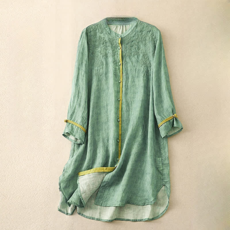 Robe midi d'été décontractée à manches trois-quarts, ornée de broderies et de Buddha Stones, col montant. - Vert mer moyen - US8-10，UK/AU12-14，EU40-42 (2XL) - image 0