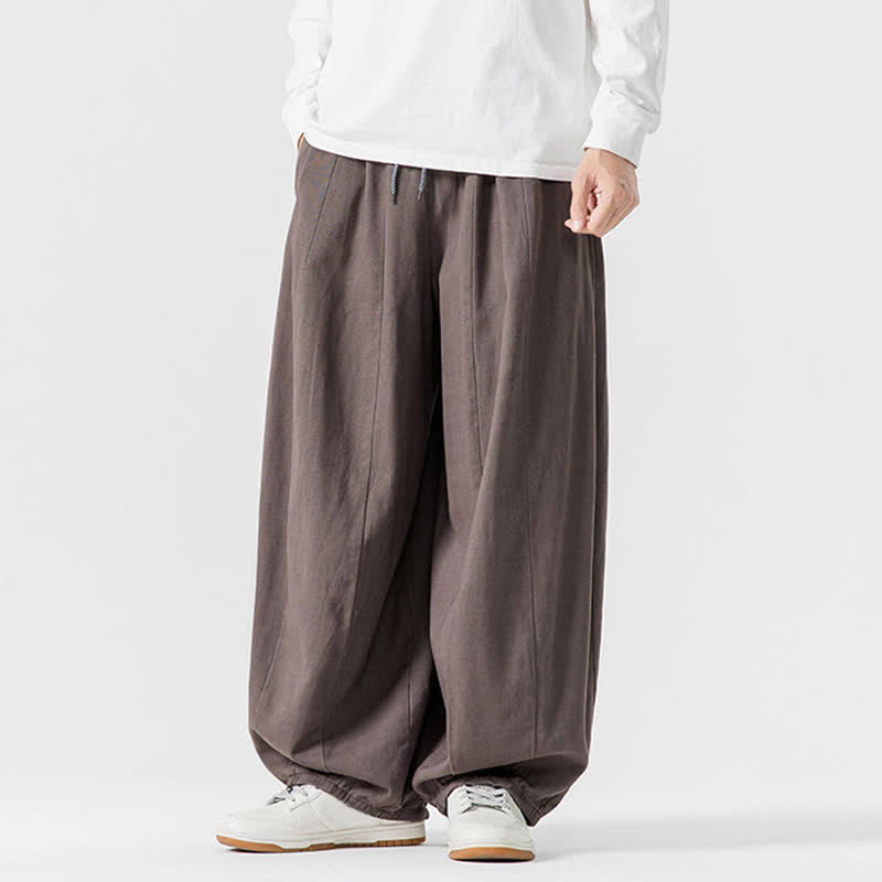 Buddha Stones Pantalon long décontracté d'automne en coton uni avec cordon de serrage et poches, coupe droite, avec poches - image 3