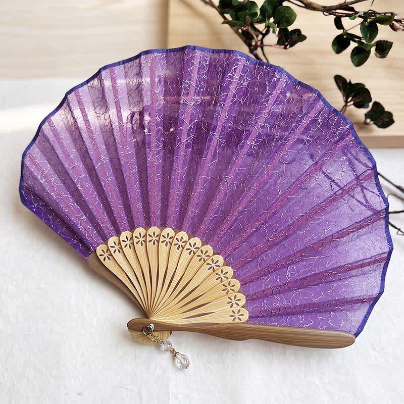Buddha Stones Éventail pliant en bambou élégant en forme de coquillage avec motif en maille vintage - Violet (Dimensions fermé : environ 21,5 cm / 8,5 pouces) - image 4