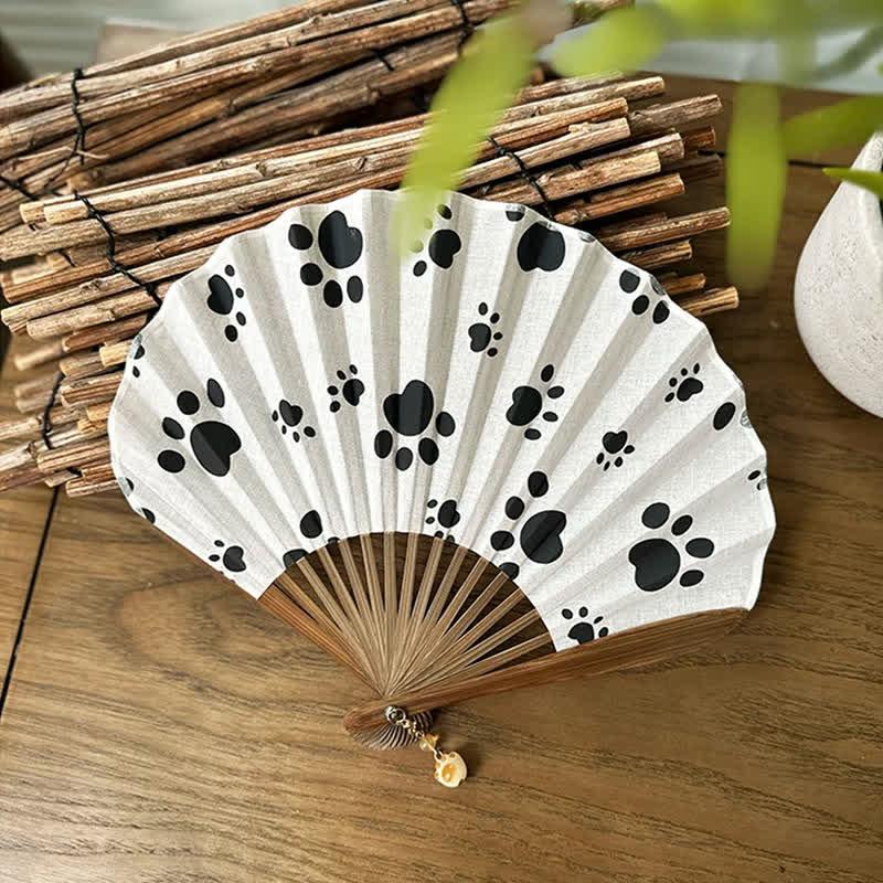 Buddha Stones Éventail pliant en bambou, 21,5 cm, en coton et lin, motif pattes de chien et de chat - image 9