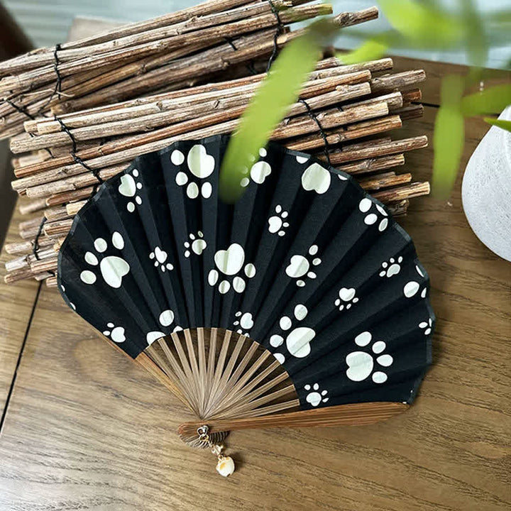 Buddha Stones Éventail pliant en bambou, 21,5 cm, en coton et lin, motif pattes de chien et de chat - image 3