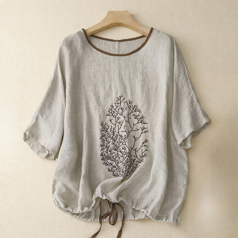 T-shirt à manches courtes et col rond pour femme, orné de broderies décontractées en forme d'arbre et de Buddha Stones - Gris clair - Demi-manches - US14，UK/AU18，EU46 (2XL) - image 0