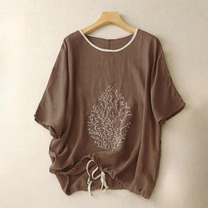 T-shirt à manches courtes et col rond pour femme, orné de broderies décontractées en forme d'arbre et de Buddha Stones - SaddleBrown - US14，UK/AU18，EU46 (2XL) - image 10