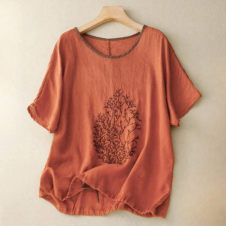 T-shirt à manches courtes et col rond pour femme, orné de broderies décontractées en forme d'arbre et de Buddha Stones - Chocolat - US14，UK/AU18，EU46 (2XL) - image 21