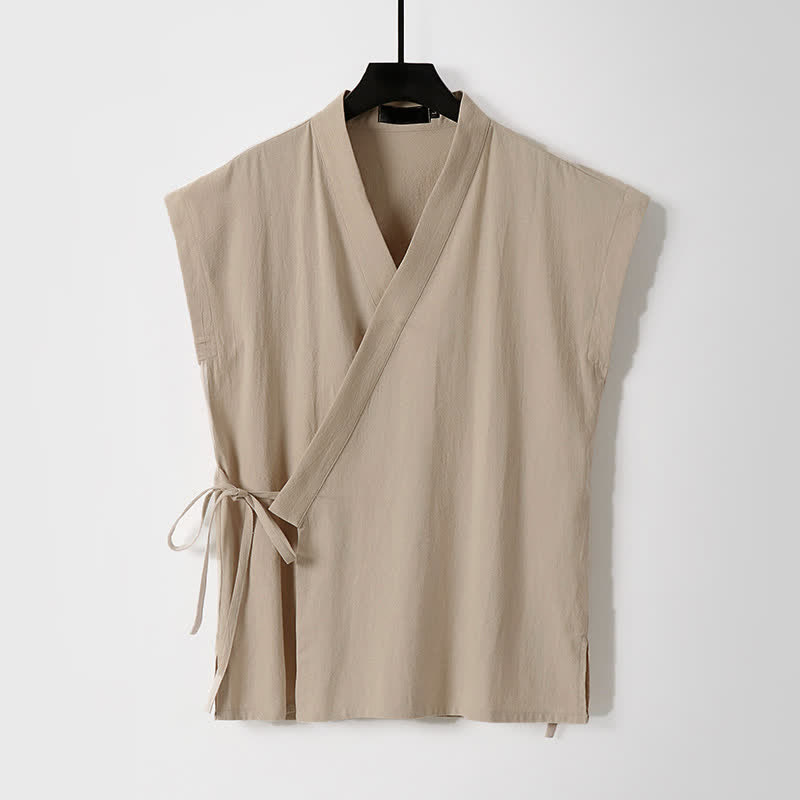 Buddha Stones Ensemble 2 pièces pour homme, style Tang, avec cordon de serrage, manches courtes, chemise et short, en coton et lin uni, manches courtes, poches, idéal pour la méditation d'été. - image 10