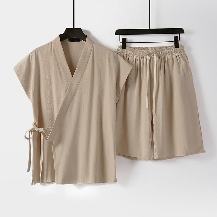 Buddha Stones Ensemble 2 pièces pour homme, style Tang, avec cordon de serrage, manches courtes, chemise et short, en coton et lin uni, manches courtes, poches, idéal pour la méditation d'été. - Bisque - US/UK/AU54, EU64 (9XL) - image 9