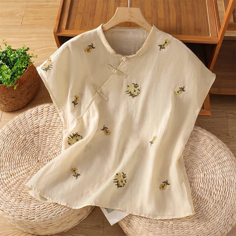 Buddha Stones Débardeur d'été décontracté pour femme, col mandarin, broderie florale, style Tang. - Beige - US12, UK/AU16, EU44 (2XL) - image 0