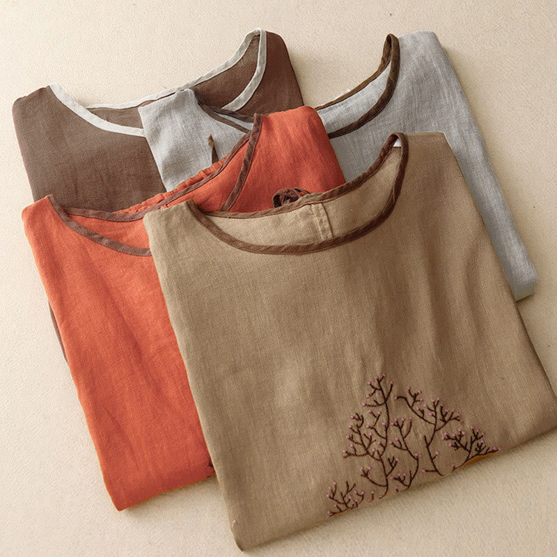 T-shirt à manches courtes et col rond pour femme, orné de broderies décontractées en forme d'arbre et de Buddha Stones - image 27