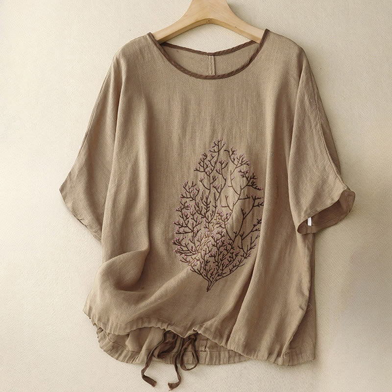 T-shirt à manches courtes et col rond pour femme, orné de broderies décontractées en forme d'arbre et de Buddha Stones - Olive - US14，UK/AU18，EU46 (2XL) - image 15