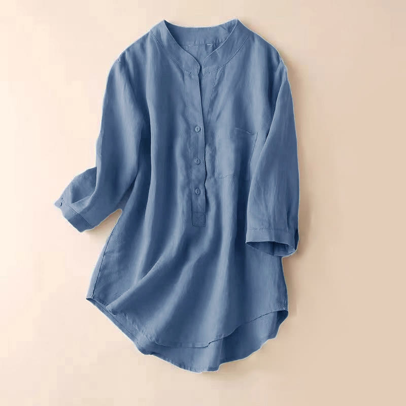 Chemise décontractée en coton et lin à col en V et manches trois-quarts pour femme avec motif Buddha Stones - Bleu acier clair - US12，UK/AU16，EU44 (3XL) - image 0