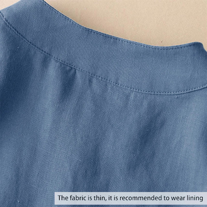Chemise décontractée en coton et lin à col en V et manches trois-quarts pour femme avec motif Buddha Stones - image 1