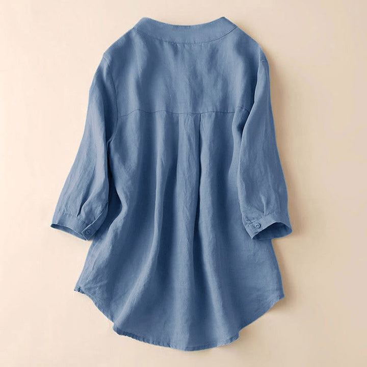 Chemise décontractée en coton et lin à col en V et manches trois-quarts pour femme avec motif Buddha Stones - image 2