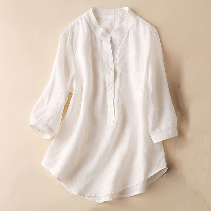 Chemise décontractée en coton et lin à col en V et manches trois-quarts pour femme avec motif Buddha Stones - Blanc - US12，UK/AU16，EU44 (3XL) - image 12