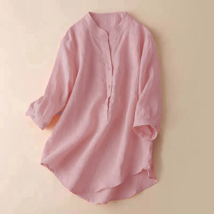 Chemise décontractée en coton et lin à col en V et manches trois-quarts pour femme avec motif Buddha Stones - 	Saumon - US12，UK/AU16，EU44 (3XL) - image 7