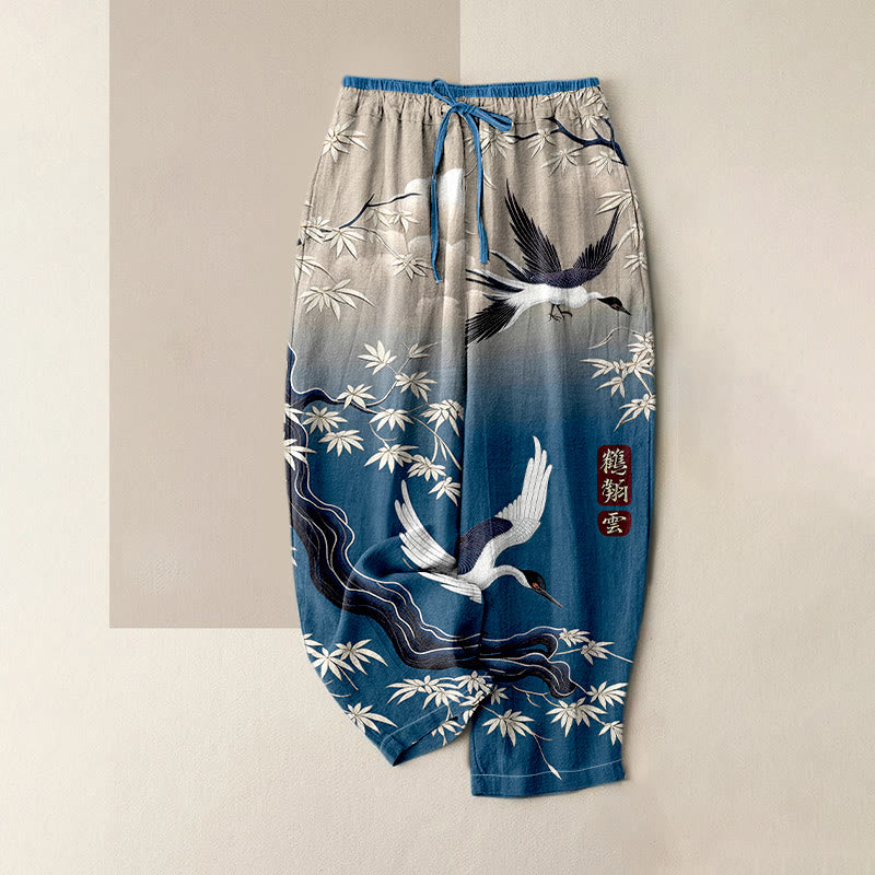Buddha Stones Pantalon pour femme en pur coton, élégant, à motif de grues et de bambou, taille élastique et poches - SteelBlue - US16，UK/AU20，EU48 (3XL) - image 0