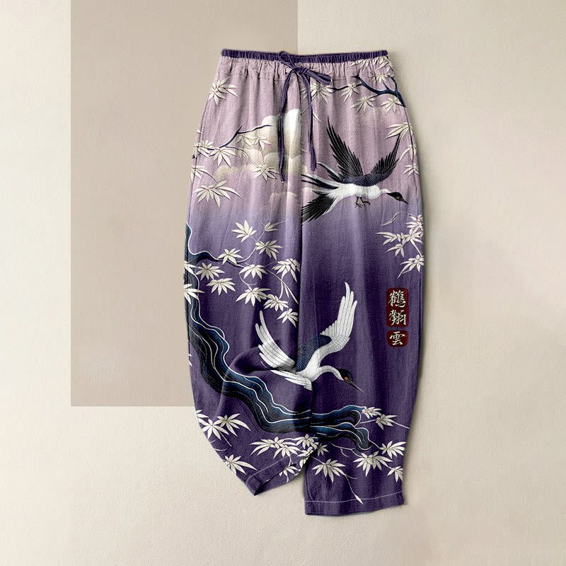 Buddha Stones Pantalon pour femme en pur coton, élégant, à motif de grues et de bambou, taille élastique et poches - Violet moyen - US16，UK/AU20，EU48 (3XL) - image 3