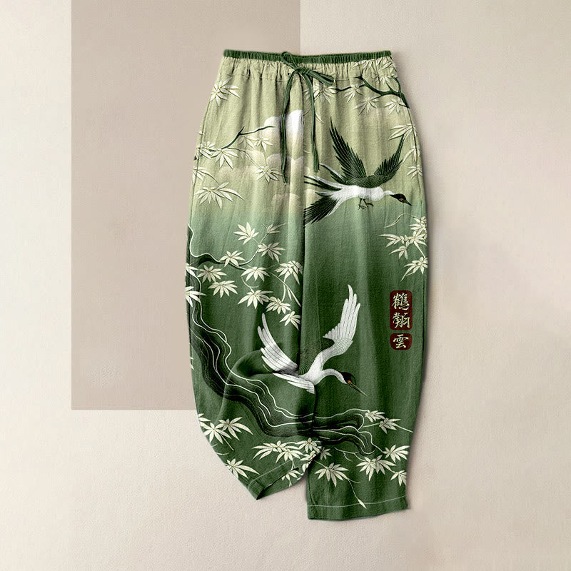 Buddha Stones Pantalon pour femme en pur coton, élégant, à motif de grues et de bambou, taille élastique et poches - Vert - US16，UK/AU20，EU48 (3XL) - image 4