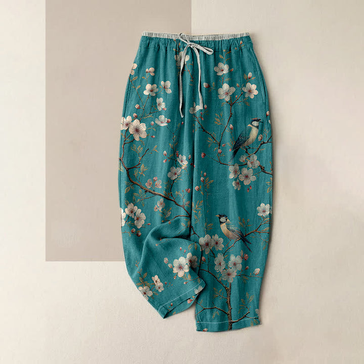 Buddha Stones Pantalon pour femme en pur coton, élégant, à motif d'oiseaux et de fleurs de cerisier, taille élastique et poches. - Turquoise moyen - US16，UK/AU20，EU48 (3XL) - image 0