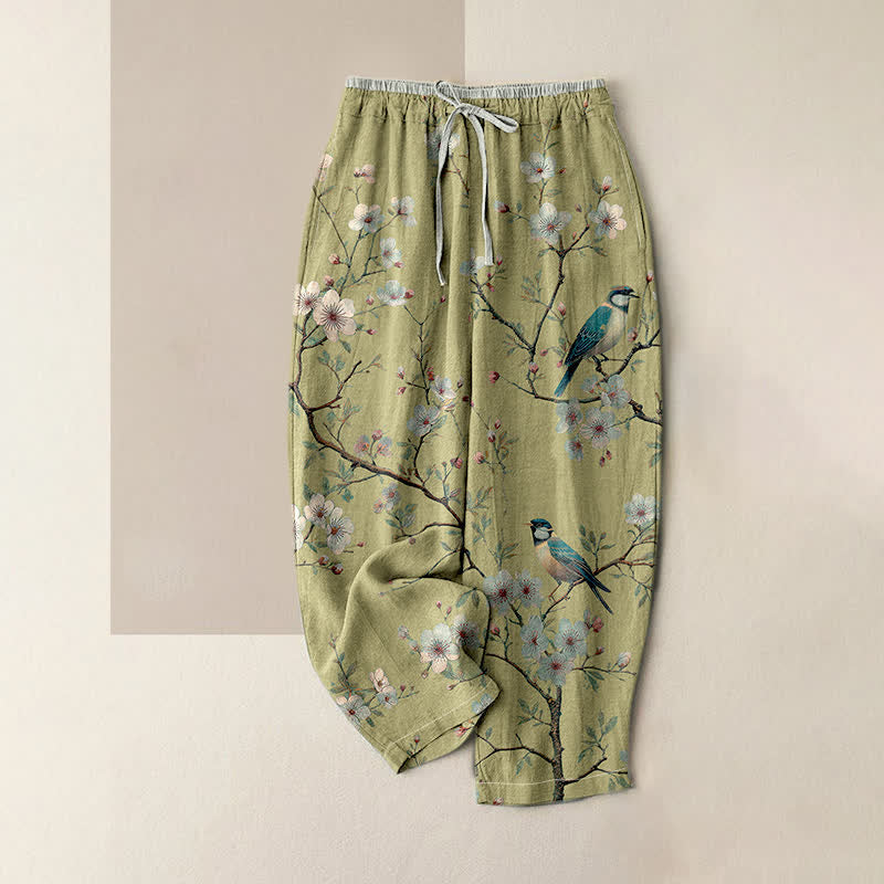 Buddha Stones Pantalon pour femme en pur coton, élégant, à motif d'oiseaux et de fleurs de cerisier, taille élastique et poches. - VertJaune - US16，UK/AU20，EU48 (3XL) - image 3