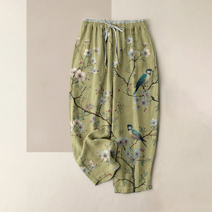Buddha Stones Pantalon pour femme en pur coton, élégant, à motif d'oiseaux et de fleurs de cerisier, taille élastique et poches. - VertJaune - US16，UK/AU20，EU48 (3XL) - image 3