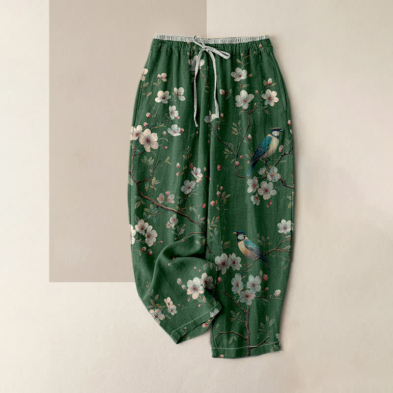 Buddha Stones Pantalon pour femme en pur coton, élégant, à motif d'oiseaux et de fleurs de cerisier, taille élastique et poches. - Vert forêt - US16，UK/AU20，EU48 (3XL) - image 4