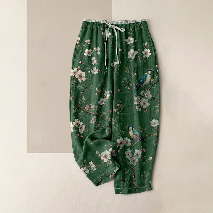 Buddha Stones Pantalon pour femme en pur coton, élégant, à motif d'oiseaux et de fleurs de cerisier, taille élastique et poches. - Vert forêt - US16，UK/AU20，EU48 (3XL) - image 4