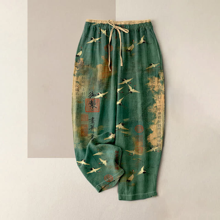 Buddha Stones Pantalon pour femme en pur coton, motif calligraphie vintage de grues, taille élastique et poches - Vert d'eau - US16，UK/AU20，EU48 (3XL) - image 0