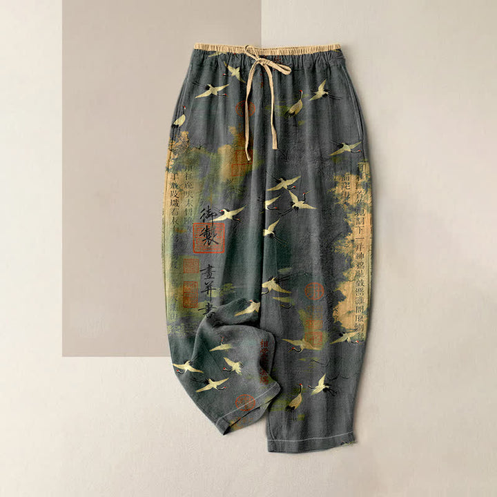 Buddha Stones Pantalon pour femme en pur coton, motif calligraphie vintage de grues, taille élastique et poches - Gris ardoise - US16，UK/AU20，EU48 (3XL) - image 3