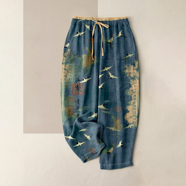 Buddha Stones Pantalon pour femme en pur coton, motif calligraphie vintage de grues, taille élastique et poches - SteelBlue - US16，UK/AU20，EU48 (3XL) - image 4