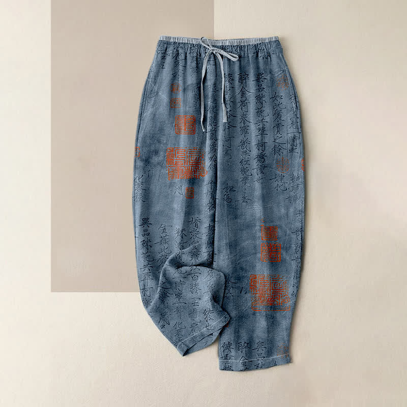 Buddha Stones Pantalon pour femme en pur coton, motif calligraphie vintage, taille élastique et poches - SteelBlue - US16，UK/AU20，EU48 (3XL) - image 3