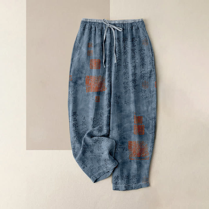 Buddha Stones Pantalon pour femme en pur coton, motif calligraphie vintage, taille élastique et poches - SteelBlue - US16，UK/AU20，EU48 (3XL) - image 3