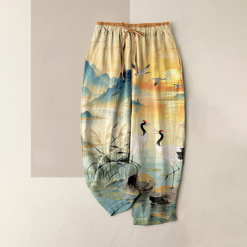 Buddha Stones Pantalon pour femme en pur coton, élégant motif de grues et de paysages, taille élastique et poches - Turquoise foncé - US16，UK/AU20，EU48 (3XL) - image 0