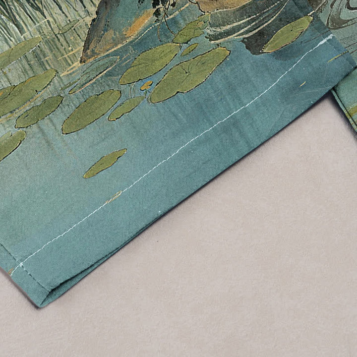 Buddha Stones Pantalon pour femme en pur coton, élégant motif de grues et de paysages, taille élastique et poches - image 1